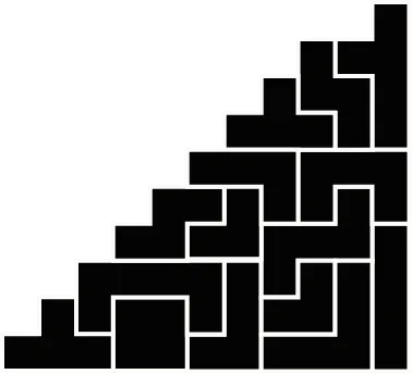 A black and white abstract geometric pattern consisting of interlocking rectangles and squares creating a staircase.